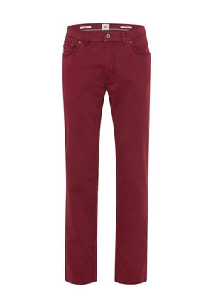 Rote Baumwollhose mit geradem Bein, fünf Taschen und Knopfverschluss. Glatte Textur und eine einfarbige Gestaltung ohne sichtbare Muster.