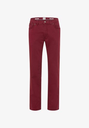Rode katoenen broeken met een recht gesneden ontwerp, vijf zakken en een knoopsluiting. Gladde textuur en een effen kleur zonder zichtbare patronen.