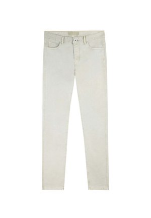 Hellbeige Denim-Jeans im Slim-Fit-Schnitt, fünf Taschen, Frontknopfverschluss und gestickte Details entlang der Nähte.