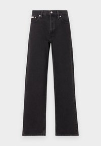 Black wide-leg jeans made of denim, featuring a high-rise waist, five-pocket styling, and a metal button closure with contrasting stitching.