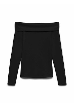 Haut noir à manches longues épaules dénudées avec col plié, silhouette ajustée, présenté à plat sur fond blanc.