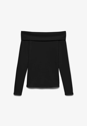 Top negru cu mâneci lungi și umeri goi, cu guler pliat, croială mulată, expus așezat pe fundal alb.