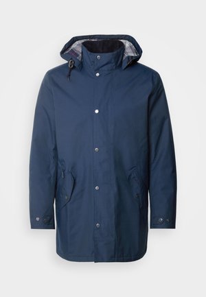 Marineblaue wasserdichte Jacke mit Kapuze, Druckknöpfen, zwei seitlichen Taschen und kariertem Futter. Sie bietet eine gerade Passform und strapazierfähigen Stoff.