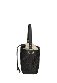Borsa a secchiello nera in tessuto con base in pelle, tracolla regolabile, chiusura a coulisse e accento in metallo argentato. L'interno è in tessuto beige chiaro.