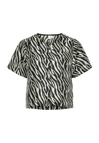 Kortærmet cropped skjorte med et sort/hvidt zebra-stribe mønster, rund halsudskæring og knaplukning foran.