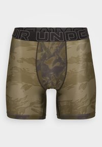 Men's boxer briefs in olive green with a textured camouflage pattern. Features a black elastic waistband with "UNDER" branding.