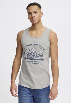 Gray cotton tank top with a crew neck, featuring a blue graphic print stating "Santa Monica Beach California" and a curved hem.