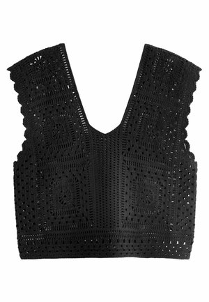 Crni kukičani bralette s dubokim V-izrezom, valovitim rubovima i složenim cvjetnim uzorcima. Izrađen od teksturirane, prozračne tkanine.