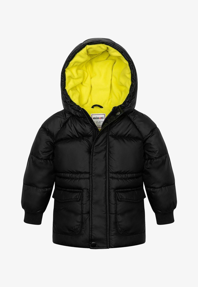 Melnā polsterētā jaka ar spilgti dzeltenu flīsa oderi, kas aprīkota ar kapuci, divām priekšējām kabatām un ribinātām aprocēm siltumam.