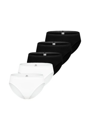 Pięć damskich bawełnianych majtek, trzy czarne i dwie białe, ułożone w ukończonym rzędzie, z koronkową lamówką na pasach.