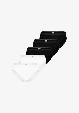 Fünf Damenunterhosen aus Baumwolle, drei schwarze und zwei weiße, in einer versetzten Reihe angeordnet mit Spitzenbesatz an den Bündchen.