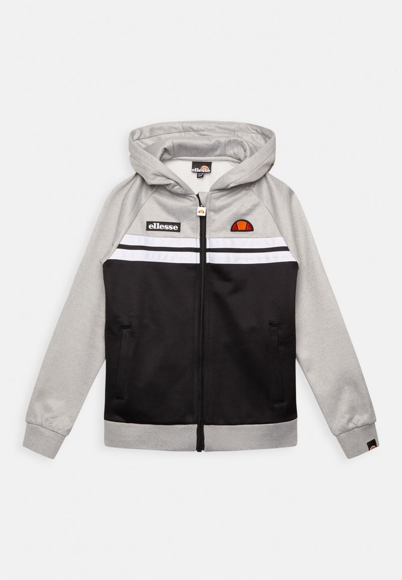 Veste à capuche zippée avec manches grises et partie supérieure de la poitrine grise, corps inférieur noir, bandes blanches, et logos ellesse sur la poitrine et la tirette de la fermeture éclair.