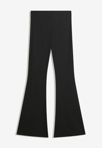Pantalons évasés noirs avec une taille haute et des jambes larges, posés à plat sur un fond clair.