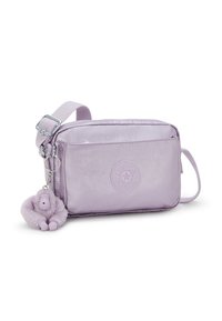 Hellblau-lila rechteckige Umhängetasche mit Vordertasche, verstellbarem Riemen und einem kuscheligen Gorillaanhänger.