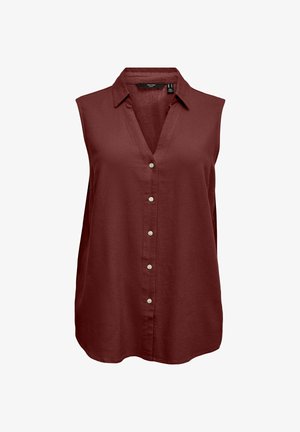 Sleeveless burgundy blouse with collar and front button closure, tailored fit, made of lightweight fabric.