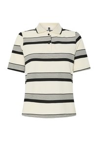 Gestreept poloshirt met een klassieke kraag. Voorzien van afwisselend zwarte en beige strepen. Korte mouwen, zachte textuur en een placket met drie knopen.