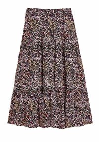 Gonna midi con stampa leopardata in beige, con accenti neri e rosa, design a balze, vita elasticizzata e tessuto fluido.