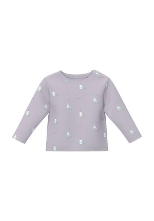 Fioletowa koszulka niemowlęca z długim rękawem i okrągłym dekoltem, ozdobiona małym wzorem hipopotama i trawy, z dwoma zatrzaskami na lewym ramieniu.