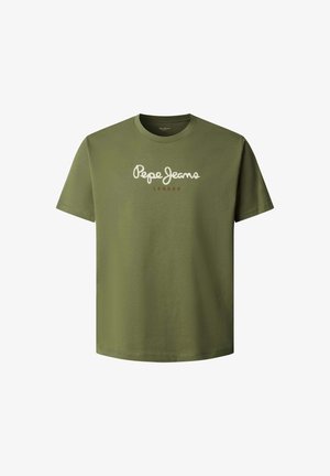 Olivnozelena bombažna majica s kratkimi rokavi, z belim logotipom "Pepe Jeans" in rjavim napisom "LONDON" spodaj. Klasična zasnova s krožnim izrezom.