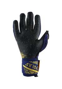 Black and blue goalkeeper glove with textured grip, reinforced fingertips, elastic wristband, and yellow branding accents.