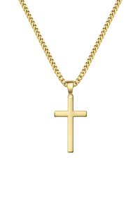 Guldtonad halsband med en enkel, platt korshängare, kedjelänkar och en polerad yta. Designen är klassisk och minimalistisk.