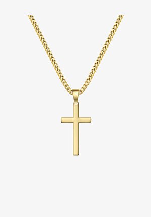 Collar en tono dorado con un sencillo colgante de cruz plana, eslabones de cadena y un acabado pulido. El diseño es clásico y minimalista.