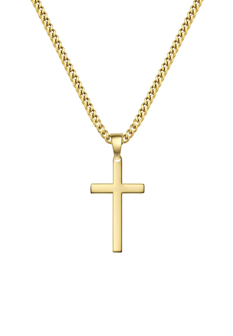 Guldtonad halsband med en enkel, platt korshängare, kedjelänkar och en polerad yta. Designen är klassisk och minimalistisk.