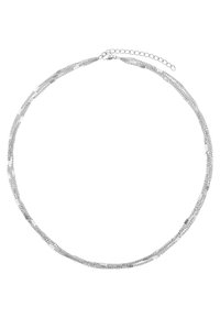 Srebrzysta, wielowarstwowa naszyjnik z teksturowanymi ogniwami i przedłużeniem łańcuszka umożliwiającym regulację długości. Gładkie i błyszczące powierzchnie.