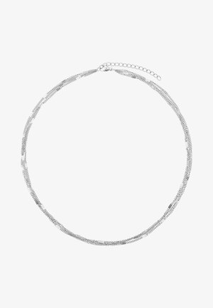 Srebrzysta, wielowarstwowa naszyjnik z teksturowanymi ogniwami i przedłużeniem łańcuszka umożliwiającym regulację długości. Gładkie i błyszczące powierzchnie.