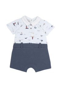 Monos de manga corta con parte superior blanca y estampado náutico, pantalones cortos azules, cuello y cierre de botones. Material de algodón, diseño casual.