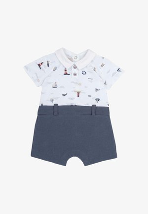 Romper a maniche corte con parte superiore bianca decorata da una stampa nautica, pantaloni blu, colletto e chiusura a bottoni. Materiale in cotone, design casual.