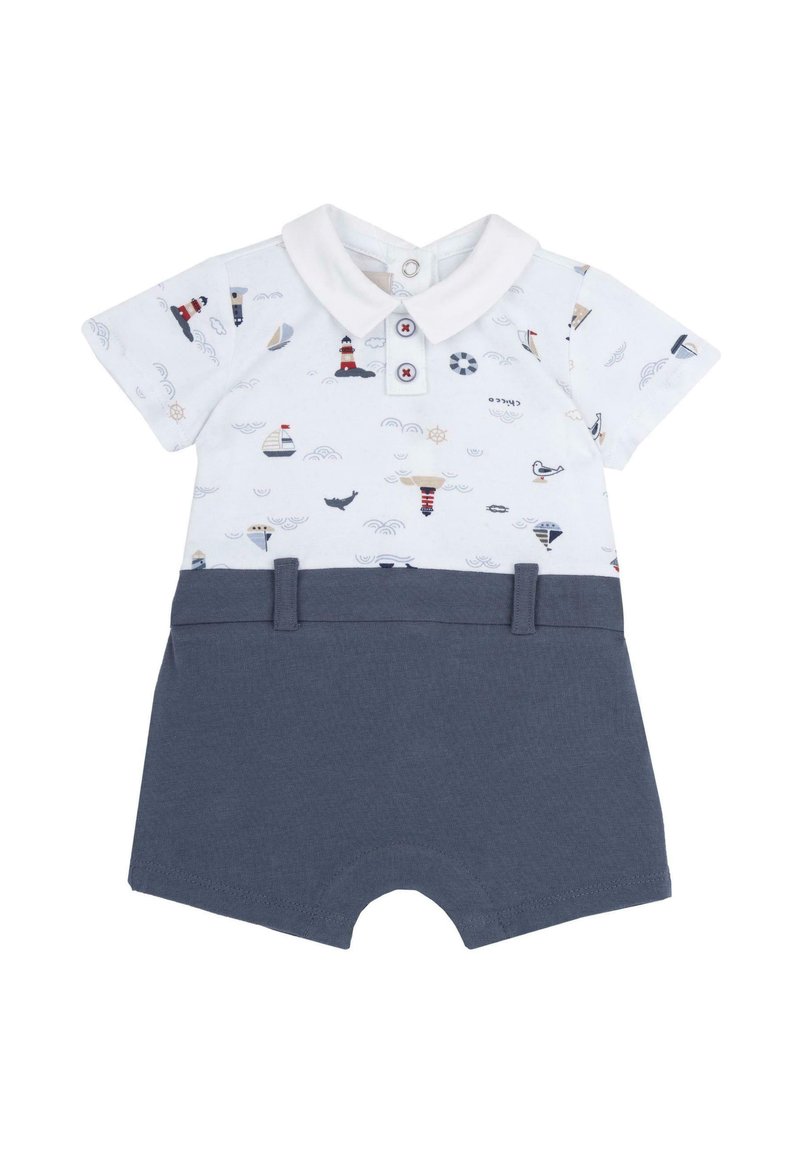 Monos de manga corta con parte superior blanca y estampado náutico, pantalones cortos azules, cuello y cierre de botones. Material de algodón, diseño casual.