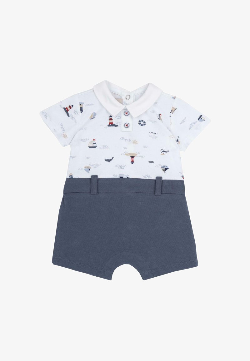 Monos de manga corta con parte superior blanca y estampado náutico, pantalones cortos azules, cuello y cierre de botones. Material de algodón, diseño casual.