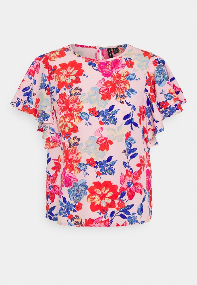 Floral blouse featuring a light pink background, vibrant red and blue flowers, short ruffled sleeves, and a round neckline with a button closure.