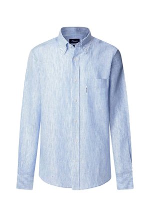 Blue and white striped long-sleeve shirt with a button-down collar, single chest pocket, and rounded hem. Fabric appears lightweight and textured.