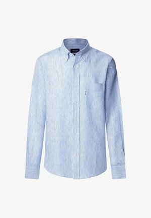 Langärmliges Hemd mit blauen und weißen Streifen, Knopfleiste am Kragen, einer Brusttasche und abgerundetem Saum. Der Stoff wirkt leicht und strukturiert.