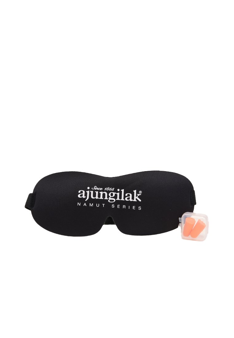 Mascarilla para dormir negra con logo, fabricada en un tejido suave, con forma moldeada, correa ajustable, viene con tapones para los oídos naranjas en estuche transparente.