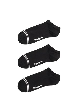 Drei schwarze Knöchelsocken mit weißen Streifen nahe den Zehen und weißen "Pepe Jeans" Logos auf jedem Paar.