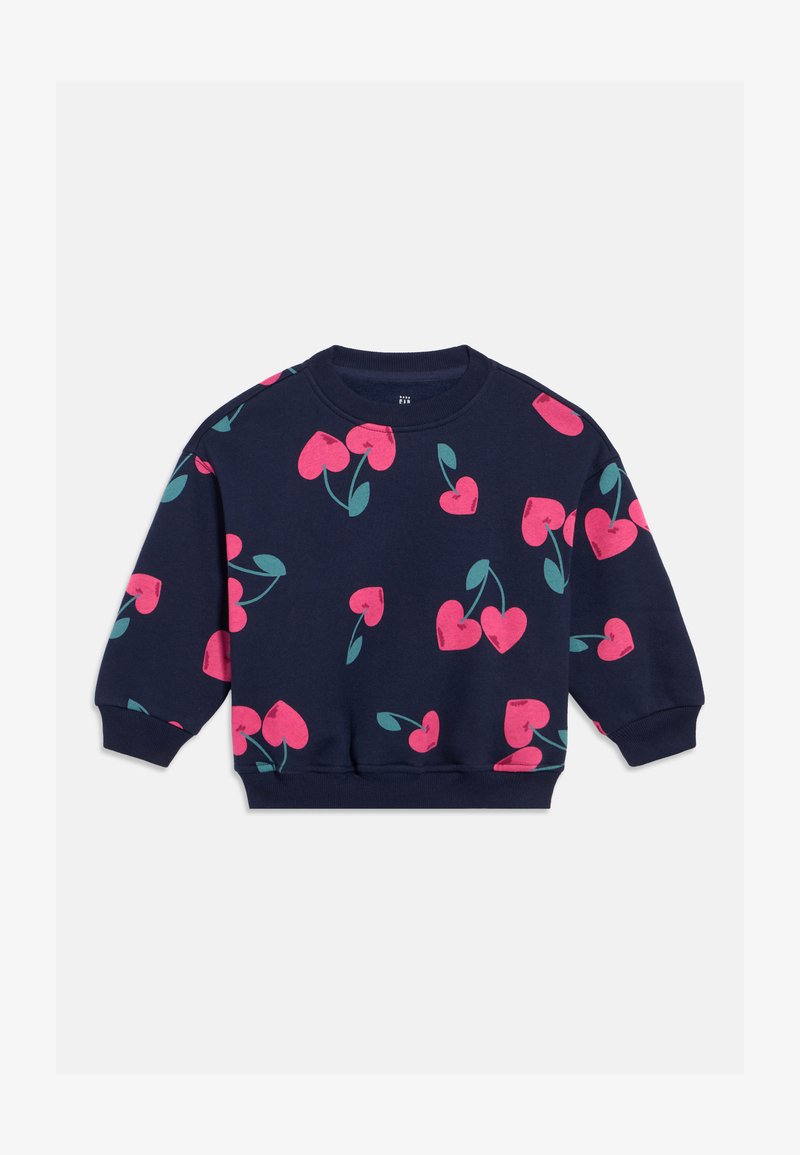 Sweatshirt infantil azul-marinho de manga comprida com padrão de cerejas em forma de coração cor-de-rosa e folhas em verde-azulado, com punhos e bainha canelados.