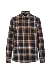 Langärmliges, karriertes Hemd in Schwarz, Braun und Grau, mit einem Knopfkragen und Knöpfen an der Vorderseite, aus einem weichen, gewebten Stoff.