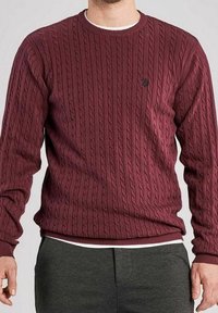 Pull bordeaux en maille torsadée avec col rond, présentant des motifs texturés et un petit emblème sur la poitrine, assorti à un pantalon gris.