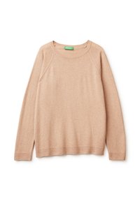 Jasno beżowy sweter wykonany z miękkiej, teksturowanej tkaniny. Posiada okrągły dekolt, długie rękawy raglanowe oraz ściągacze przy hemie i mankietach.