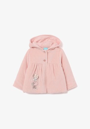 Hoodie in pile rosa con chiusura a bottoni frontale, maniche lunghe e vita arricciata. Presenta un design del personaggio ricamato sul davanti.