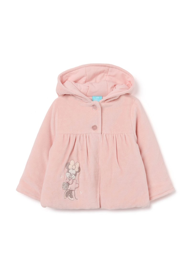 Rozijnkleurige fleece hoodie met een knoopsluiting aan de voorkant, lange mouwen en een geregen taille. Heeft een geborduurd karakterontwerp aan de voorkant.