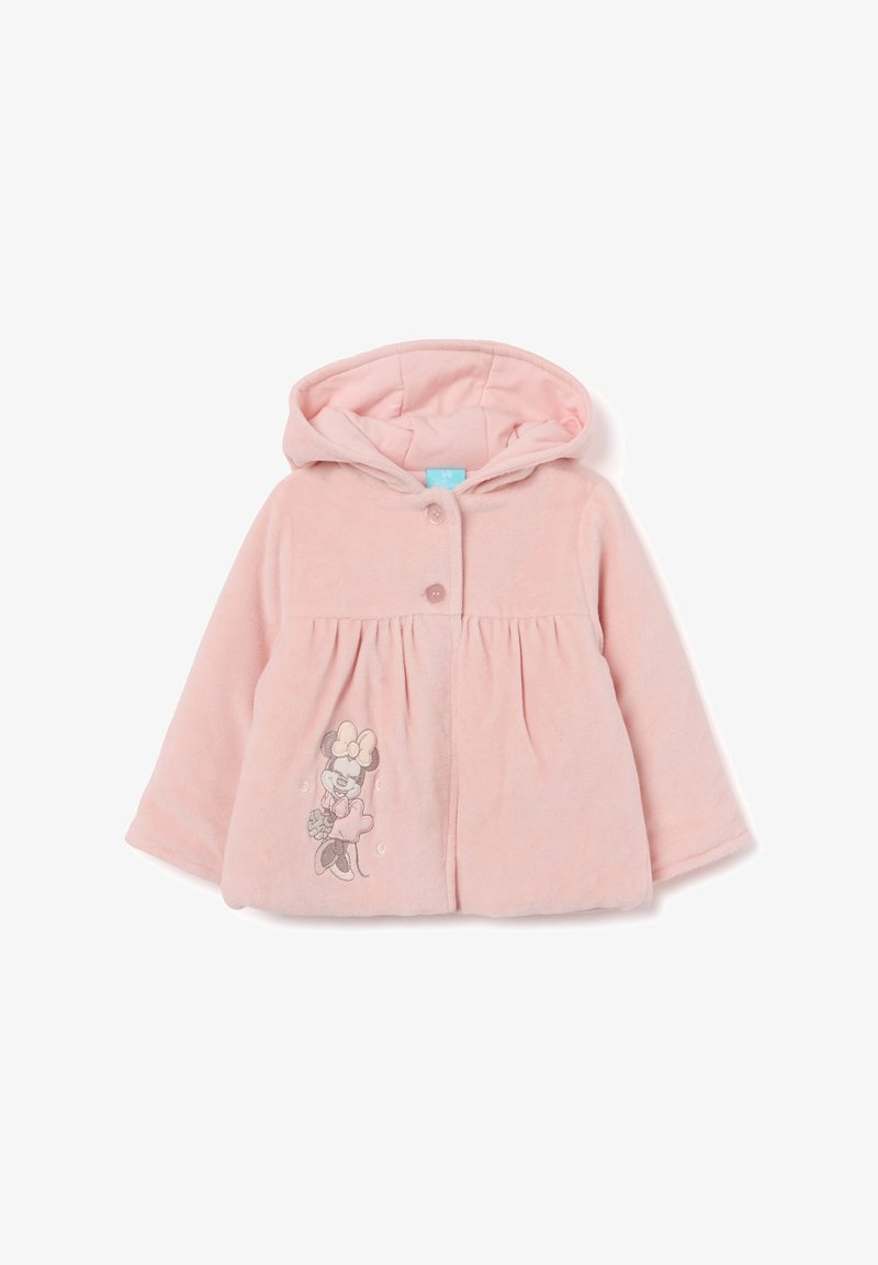 Rozijnkleurige fleece hoodie met een knoopsluiting aan de voorkant, lange mouwen en een geregen taille. Heeft een geborduurd karakterontwerp aan de voorkant.