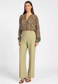 Lichtgroene op maat gemaakte broek gecombineerd met een bruin slangenprint, blouse met lange mouwen, een V-hals en een relaxte pasvorm. Brown sandalen met een hak.