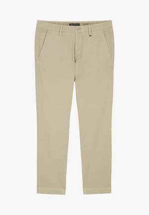 Beige chinos laget av bomull med rett passform; har frontlommer, knappelukking og hemstingdetaljer.