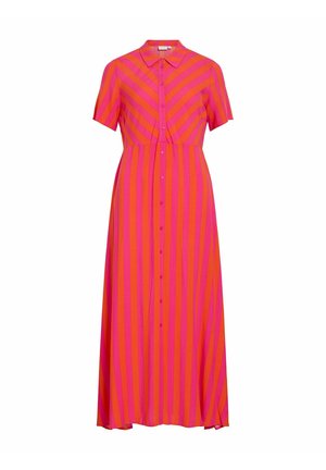 Robe longue à boutonnage avec manches courtes, rayures verticales et diagonales alternées rose vif et orange.