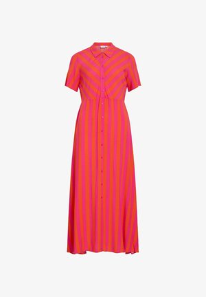 Maxi šaty na gombíky s krátkymi rukávmi v striedavých vertikálnych a diagonálnych jasne ružových a oranžových pruhoch.