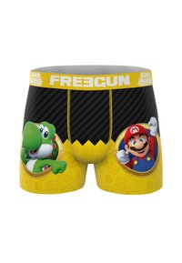 Boxer-briefs noirs et jaunes avec une taille jaune, présentant les personnages de Super Mario et Yoshi à l'intérieur de cadres de pièces d'or sur chaque jambe.